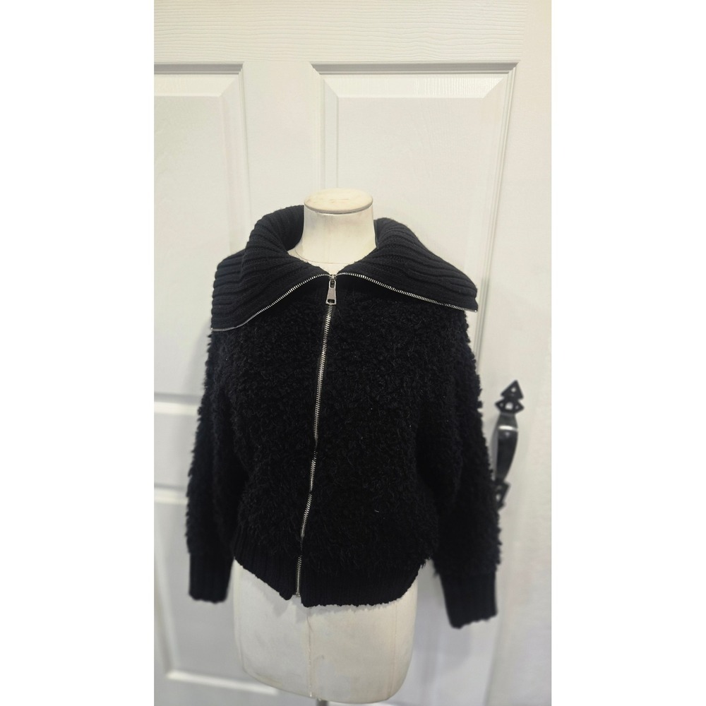 Love Tree Black Fuzzy Knit Zipper Front Collared Sweater Jacket Size L
